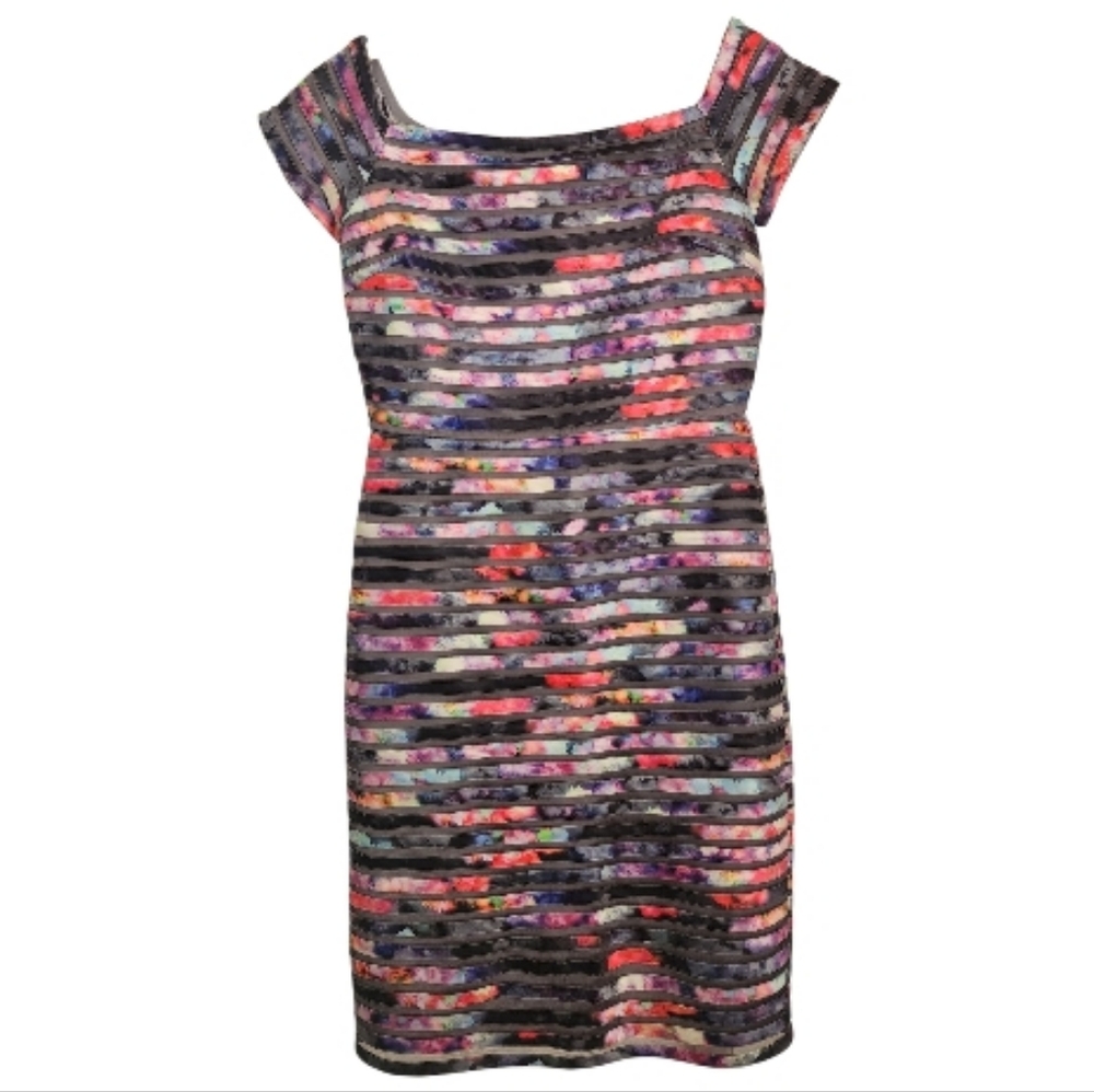 Parker Black Striped Kayte Watercolor‎ Mesh Bandage Bodycon Midi Dress Sz 12